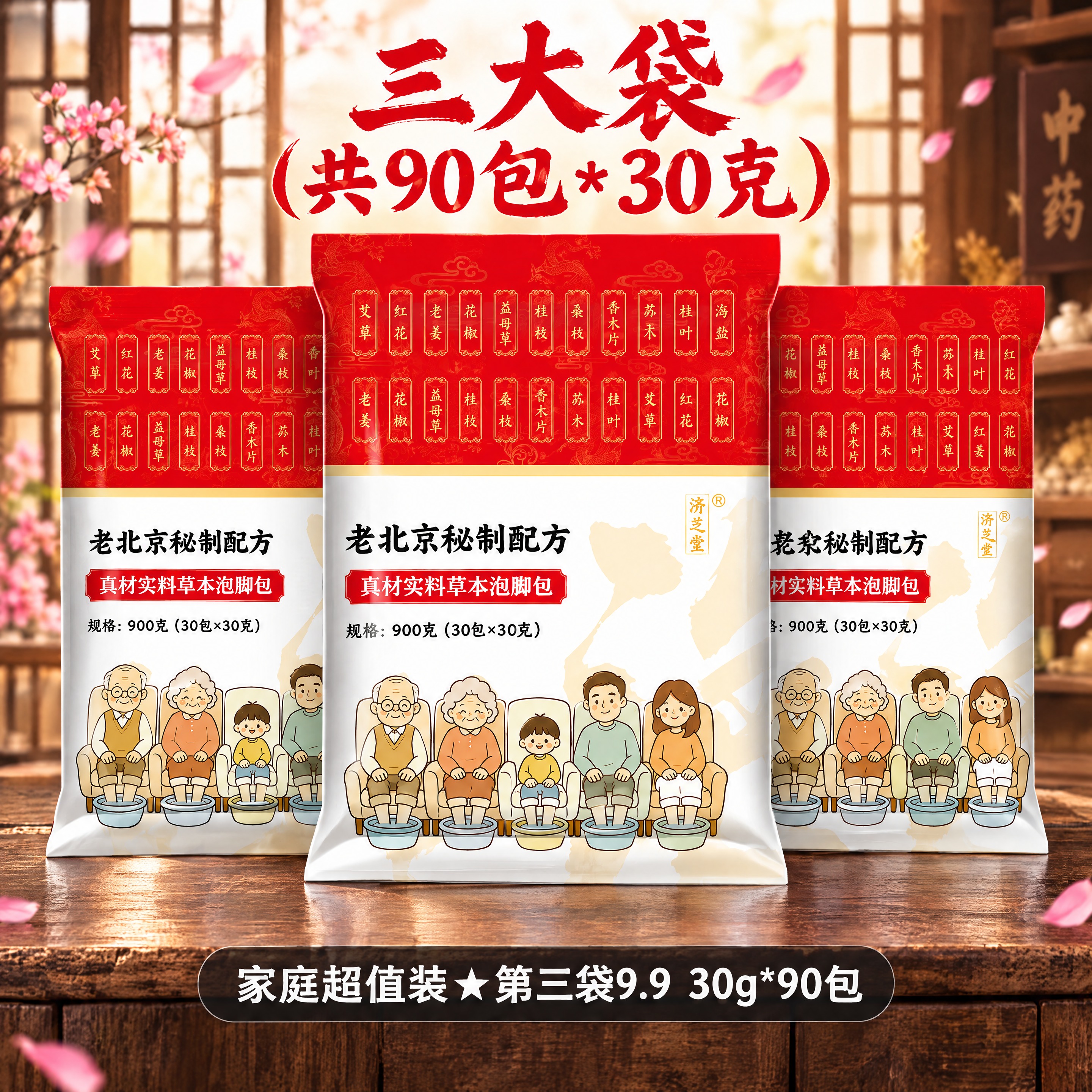 第一张图是我方产品（老北京秘制配方草本泡脚包，红色包装，规格9… - 图片创意预览