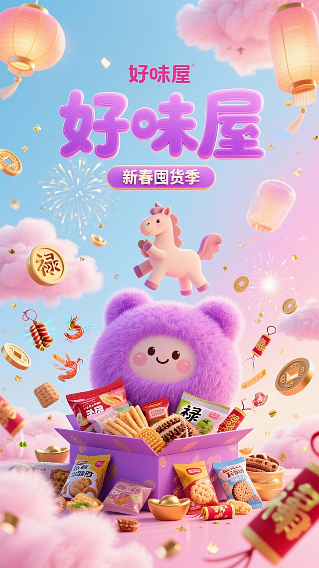 软3D风格，拟人化紫熊萌趣登场，毛发生长质感细腻，搭配卡通飞马与粒子烟花，营造梦幻喜庆的春节氛围，满载零食礼盒，传递新春团圆好味。