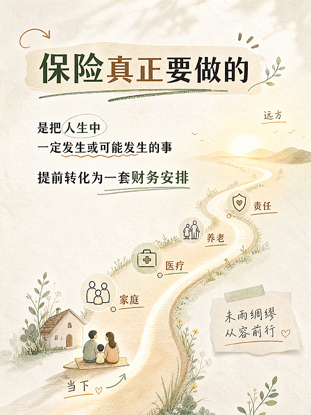 小红书笔记竖版图文，温暖松弛的发芽笔记风格，ins清新手账感，版式精美，小红书笔记质感，适合手机阅读。米白与浅燕麦色主调，低饱和鼠尾草绿点缀，少量暖棕和柔和金色。背景有轻微纸张肌理和自然光感，大面积留白。简洁手绘线条、小块色纸、铅笔下划线、圆圈、箭头等笔记元素。标题字体清晰有力量，温润中文黑体或宋黑结合；重点词用深绿色或暖棕色突出。正文字号适合手机阅读。每页一个视觉中心，极简手绘插图辅助。禁止冷硬商务蓝、闪亮金属、金币、钞票、保险柜、握手、城市高楼、成功人士等金融俗套素材。所有中文严格按以下文字生成，不得改写增删，无错别字，不添加英文、水印、平台标识或无关小字。

标题：「保险真正要做的」。
正文：「是把人生中
一定发生或可能发生的事

提前转化为一套财务安排」。

视觉：一条温暖的人生路径从画面下方当下延伸至上方远方，沿途有家庭、医疗、养老、责任等简洁节点小图标。路径柔和弯曲，有光感。文字在路径上方。装饰：手绘箭头和铅笔下划线点缀。整体氛围：温暖、有方向感、沉静可信。画质：高清细腻，信息层级清晰，文字完整处于安全区内不可裁切，四周留充足安全边距。