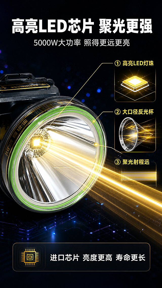 [商品] 使用【图3】LED防水头灯灯头特写；保留大反光杯结构、绿色灯圈、金色装饰环、银色反光碗纹理，灯头内部LED芯片位置清晰可见，真实照明方向朝前。
[画面] 目标：解析高亮LED芯片技术，展示强光来源。灯头特写占画面60%，位于画面中央，灯头发射出强烈光束。右侧用剖面示意线条展示LED芯片→反光杯→光束的光路路径。背景为深黑色科技感背景，带蓝色光效粒子。光路用金色发光线条表示，从芯片出发经反光杯反射形成平行强光。
[视觉] 套系策略：风格=深色科技性能风商业摄影；标题字=粗黑无衬线黑体；正文字=简洁无衬线黑体；主色=深黑+炭灰；背景延展=基于深黑做蓝紫光晕渐变、科技粒子漂浮、光路发光效果；强调色=荧光绿+金色，仅用于光路、图标、引线、标签；标题色=纯白；正文色=浅灰白；组件=圆角深色信息卡、发光引线、技术标注；光影=灯头强光为主光源，芯片位置高亮发光，周围环境暗调突出光束。
[文字] 顶部主标题"高亮LED芯片 聚光更强"，副标题"5000W大功率 照得更远更亮"，右侧3个技术标注引线：①"高亮LED灯珠"指向芯片位置，②"大口径反光杯"指向反光碗，③"聚光射程远"指向光束末端，底部补充说明"进口芯片 亮度更高 寿命更长"，全部文字横排。
[规格] 图片比例9:16竖版，4K，medium。避免变形、错字、文字过小、灯圈颜色改变、反光杯结构失真。