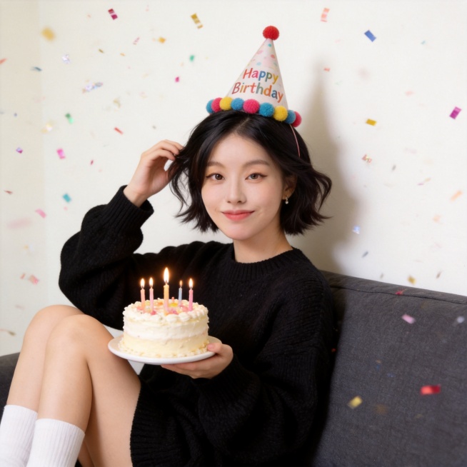生成居家生日氛围感写真，仅保留参考图1人物脸型、五官、年龄等特征，忽略参考图原有发型配饰，电影质感，高通透氛围感，复古暖调，温暖柔和自然光；清透自然皮肤，真实纹理，自然短发，慵懒翘翘头；侧身倚靠深灰色预览效果