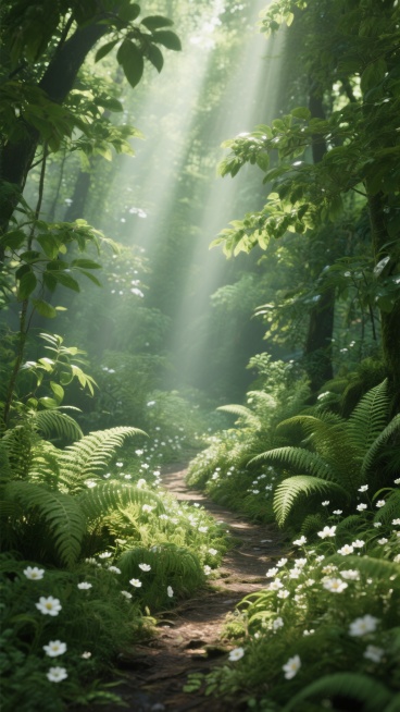 超写实风格的森林植物背景，阳光透过茂密的绿色树叶形成光束，照亮布满白色小花和各种蕨类植物的蜿蜒小径，光影斑驳，充满生机与神秘感，整体色调以翠绿为主，搭配明亮的阳光效果，营造出宁静而梦幻的氛围，植物细节丰富，叶片纹理清晰，立体感强，景深效果明显，画面层次分明。预览效果