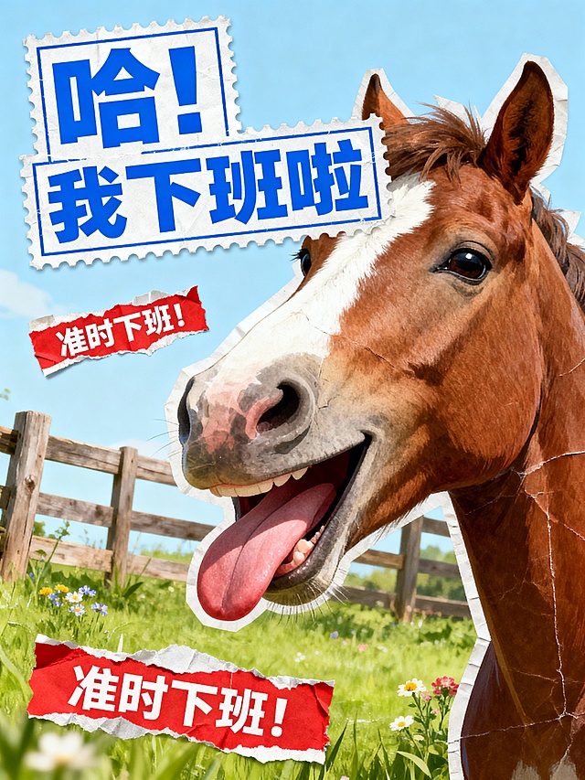 核心是拟人化的马头拼贴形象（棕白配色，正脸咧嘴大笑、舔镜头），叠加 “哈！我下班啦” 蓝色粗体标题（带邮票式边框）；画面左侧、底部穿插多个红色撕纸风标签（写 “准时下班！”），背景是浅蓝天空 + 木质围栏 + 绿草地（点缀小花）。