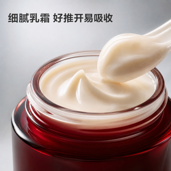 [主图-3] 超红瓶抗皱面霜质地特写，展示细腻乳霜
[氛围风格] 细腻质感，通透高级，柔焦氛围感
[画质] 商业微距摄影质感，细节清晰，产品真实，画面干净高级。超写实，质感细腻锐利
[元素] 极致微距预览效果