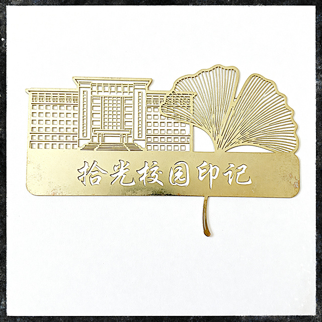 产品摄影，校园文创金属书签，主题为拾光校园印记，主体是学校标志性教学楼加银杏叶线稿，搭配手写体"拾光校园印记"字样，浅米白和淡金色配色，清新文艺风格，简约干净，高清细节，纯白背景，自然光，8K，无多余杂物，整体带有淡淡的复古胶片质感