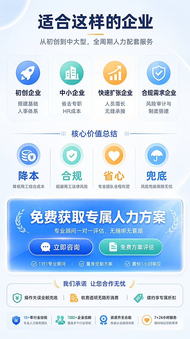 [第8张] 详情页行动号召页-适用企业+咨询转化+兜底承诺。本张为文生图，无产品图。
[氛围/风格] 商务专业风，转化引导感，信任背书，浅色系不深沉。
[元素布局] 顶部标题区；中上部分为适用企业类型（3-4类图标+文字）；中间为核心价值总结（4个关键词横向排列）；中下部分为醒目的咨询引导区，搭配「立即咨询」「免费方案评估」等视觉按钮（注意：仅为装饰性按钮样式，非真实诱导点击按钮）；底部为售后兜底承诺和品牌信任标识；背景浅灰蓝渐变，有柔和的光晕装饰。
[光影质感] 均匀柔光，按钮区域有轻微高亮突出，整体明亮通透。
[配色色系] 全局底色 #F5F8FC；主色 #2E6BE6；辅助色 #52C4A1（薄荷绿）、#FFB84D（暖金）；CTA区域用商务蓝渐变底白字。
[视角构图] 正面平视，竖版自上而下阅读动线：标题 → 适用人群 → 价值总结 → 咨询引导 → 兜底承诺。
[文字版式] 顶部主标题「适合这样的企业」，副标题「从初创到中大型，全周期人力配套服务」；适用类型：「初创企业」搭建基础人事体系、「中小企业」省去专职HR成本、「快速扩张企业」人员增长无缝承接、「合规需求企业」风险审计与制度搭建；中间4个关键词横向：「降本」「合规」「省心」「兜底」；中下CTA区大文字「免费获取专属人力方案」，下方小字「专业顾问一对一评估，无捆绑无套路」；底部承诺「操作失误全额兜底 · 收费透明无隐形消费 · 续约享专属折扣」。
[比例分辨率] 9:16 竖版比例，4K 分辨率，文字清晰可辨，高清画质。
[负向提示词] 变形，水印，文字错乱，文字过小，颜色太深，背景杂乱，二维码，诱导点击按钮。