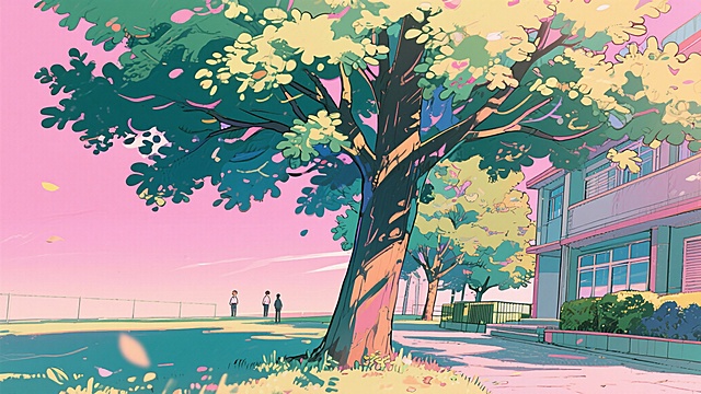 二次元，浪漫，约会，校园，树下，景点，天空，不要人物，生成10张，细节丰富，元素多彩，浅粉色，不要人物