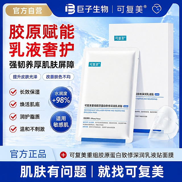 [电商直通车主图] 可复美重组胶原蛋白致修深润乳液贴面膜医用敷料电商直通车主图。本屏使用【图1】产品外盒和【图2】单片面膜作为产品主体。
[氛围/风格] 专业严谨的医用蓝白营销风，8K超高清强转化电商主图质感，冷调洁净柔光均匀笼罩画面，视觉冲击力强，信息密度高，精准适配大药房渠道的医美修护类产品主图场景。
[元素布局] 背景为深蓝色宽边框包裹，内部是浅冰蓝色渐变基底，叠加朦胧水波纹与冰晶柔光纹理，干净通透带有医疗科技感。整体采用左文右品的紧凑布局，顶部通栏放置官方渠道背书，左侧纵向堆叠核心卖点与信任状，右侧立体展示产品组合，底部通栏收尾强化功效。画面最顶端为通栏背书区，左侧是浅金色圆角矩形标签，内配白色文字「官方自营」；右侧是「巨子生物|可复美」品牌标识搭配爱心图标，白色醒目字体。画面左侧为核心营销信息区，自上而下分层排布：第一层级主标题「胶原赋能 乳液奢护」超大号红色加粗字体带白色描边；下方紧随「强韧养厚肌肤屏障」大号黑色加粗字体；第二层级两枚并排白色圆角矩形标签，分别标注「提升皮肤光泽」「改善肤色不均」；第三层级纵向排列四条带红色对勾图标的卖点，依次为「长效保湿」「焕活肌底」「润护脂质」「温和不刺激」；第四层级上下叠放两枚圆形蓝色徽章，上方徽章标注「水润度 +98%」，下方徽章标注「适用敏感肌」。画面右侧为产品立体展示区，前后错落摆放产品组合，严格保留用户上传产品图的所有细节：完整还原蓝白外盒、单片面膜、品牌名称、产品文字、所有包装细节，产品尺寸比例保持协调；前景为单片面膜主体倾斜摆放，后方立放产品外盒形成空间层次，右下角点缀半透明白色面膜剪影，产品置于透明反光台面上，底部带有清晰柔和倒影。画面底部为双层通栏功效区：上层浅蓝底色通栏，左侧标注「官方正品」，右侧标注「可复美重组胶原蛋白致修深润乳液贴面膜」搭配红色加号图标；下层深蓝色通栏，搭配白色大号加粗字体「肌肤有问题 | 就找可复美」。
[光影质感] 冷调洁净柔光，光影干净利落，产品反光台倒影柔和，整体通透专业无生硬阴影。
[配色色系] 核心基调深蓝、冰蓝、纯白，红色作为强视觉强调色，浅金色点缀官方标签，冷暖对比醒目。
[视角构图] 正面平视构图，左文右图紧凑布局，信息层级清晰递进，营销转化导向明确，视线流动顺畅。
[文字版式] 所有文字层级分明，主标题超大醒目，卖点标签简洁清晰，徽章数据突出，底部通栏收尾，文字不遮挡产品主体，所有文字清晰可辨。
[比例分辨率] 1:1正方形比例，4K分辨率，文字清晰可辨，高清画质。
[负向提示词] 产品变形，缺件错件，包装文字错乱，颜色偏差，文字过小，文字模糊，水印，背景杂乱，阴影生硬，极限词，虚假宣传，平台logo，第三方导流信息。