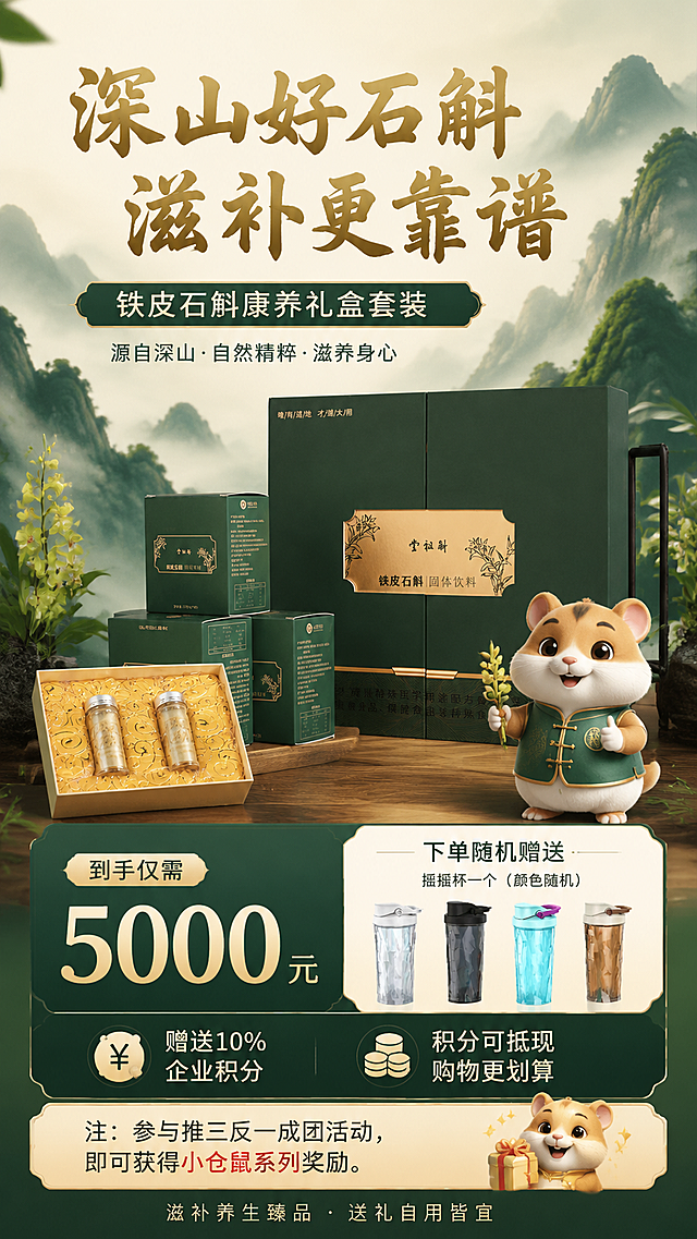 铁皮石斛康养礼盒套装宣传活动海报，标题为"深山好石斛，滋补更靠谱"，展示图一图二的铁皮石斛礼盒产品和图三的赠品摇摇杯，风格简单、高级、大气符合滋补养生高端商品气质，突出显示信息：规格套餐：铁皮石斛康养礼盒套装，到手仅需"5000元"，下单随机赠送摇摇杯一个颜色随机，赠送10%企业积分，注释：参与推三反一成团活动，即可获得小仓鼠系列奖励。添加一个3D可爱风格的小仓鼠IP形象。整体设计干净大气，突出价格、福利和活动信息。