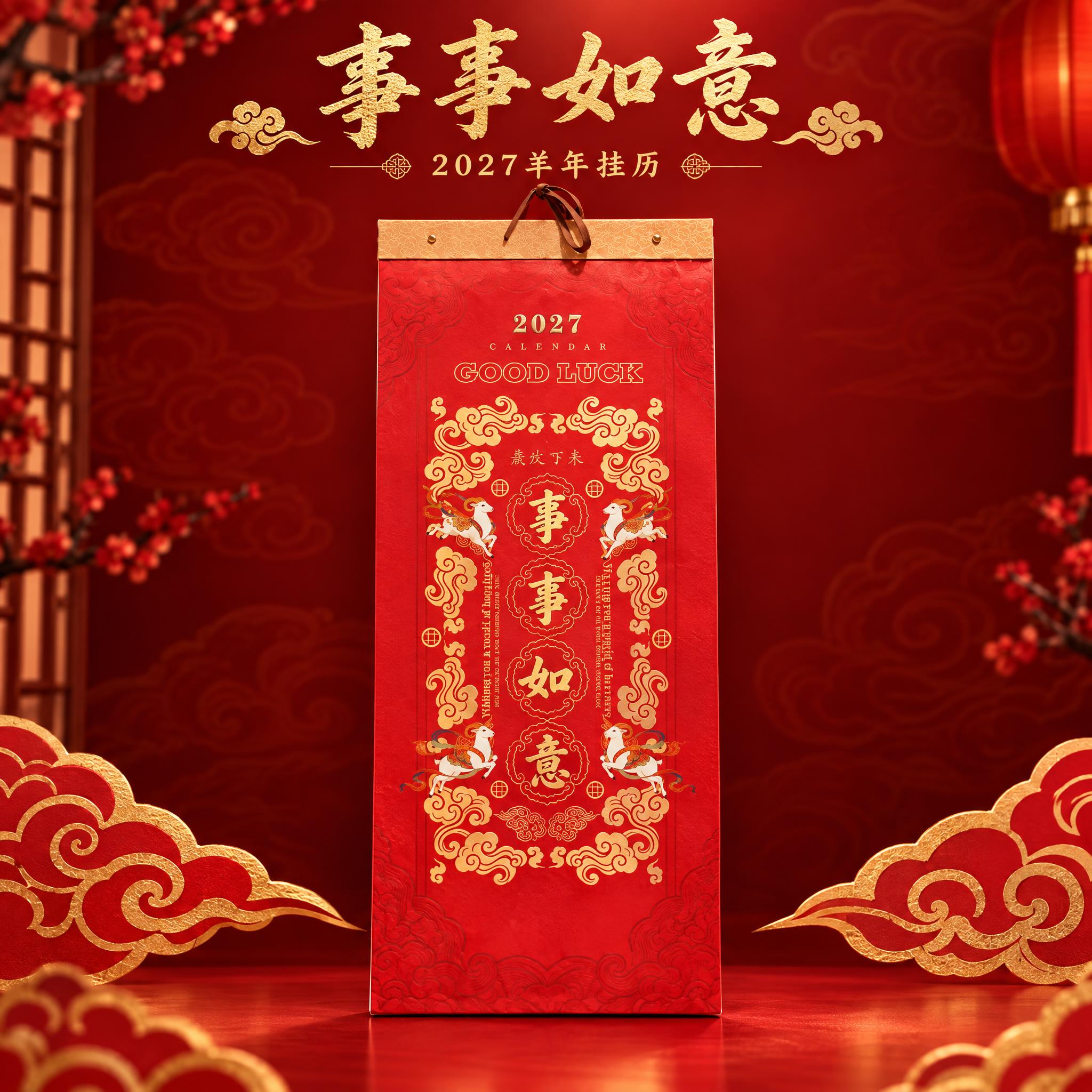 [主图-2] 产品单独展示，事事如意款红色长条挂历，高端新年国… - 图片创意预览