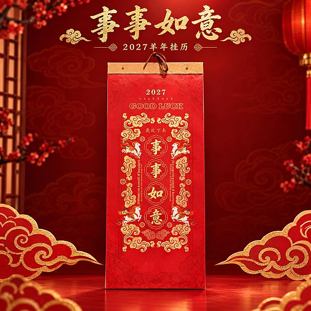 [主图-2] 产品单独展示，事事如意款红色长条挂历，高端新年国风风格。
[统一基调] 淘宝/天猫1:1主图，中国红喜庆国潮风格，高端烫金质感，主色正红色+烫金色+祥云吉羊，专业品质感，新年礼品氛围。
[画面] 画面中央展示事事如意款红色长条挂历，挂历正面完整朝向观众，略微仰视角度，主体占画面65%。挂历为正红色封面，金色烫金竖排"事事如意"大字，两侧对称祥云吉羊图案与铜钱装饰，顶部有米黄色花纹挂头与棕色丝带挂绳，整体对称国风设计。背景为渐变深红色+隐约祥云纹理，底部有金色祥云装饰元素点缀。
[光影质感] 商业摄影质感，柔和顶光+侧光，突出烫金文字与祥云纹样的金属光泽，红色封面色彩饱和纯正，挂历边缘清晰挺括，底部有自然接触阴影。
[配色] 主色正红色，点缀烫金色、吉羊白、祥云金，背景深红渐变。
[文字版式] 画面上方烫金色书法字标题"事事如意"，下方金色小字"2027羊年挂历"，文字放在上下负空间，不遮挡挂历主体。
[输出要求] 1:1正方形，2K分辨率，挂历清晰完整，烫金质感真实。禁止变形、错字、模糊、水印、平台Logo。