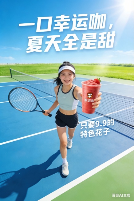 移除这张图片上所有文字，包括顶部的夏日运动季活力一夏和右下角的文字；将女生手中的黄色饮料替换为第一张图中幸运咖品牌的红色冰沙饮料；在图片顶部添加设计感的宣传标语“一口幸运咖，夏天全是甜”；在女生身体旁预览效果