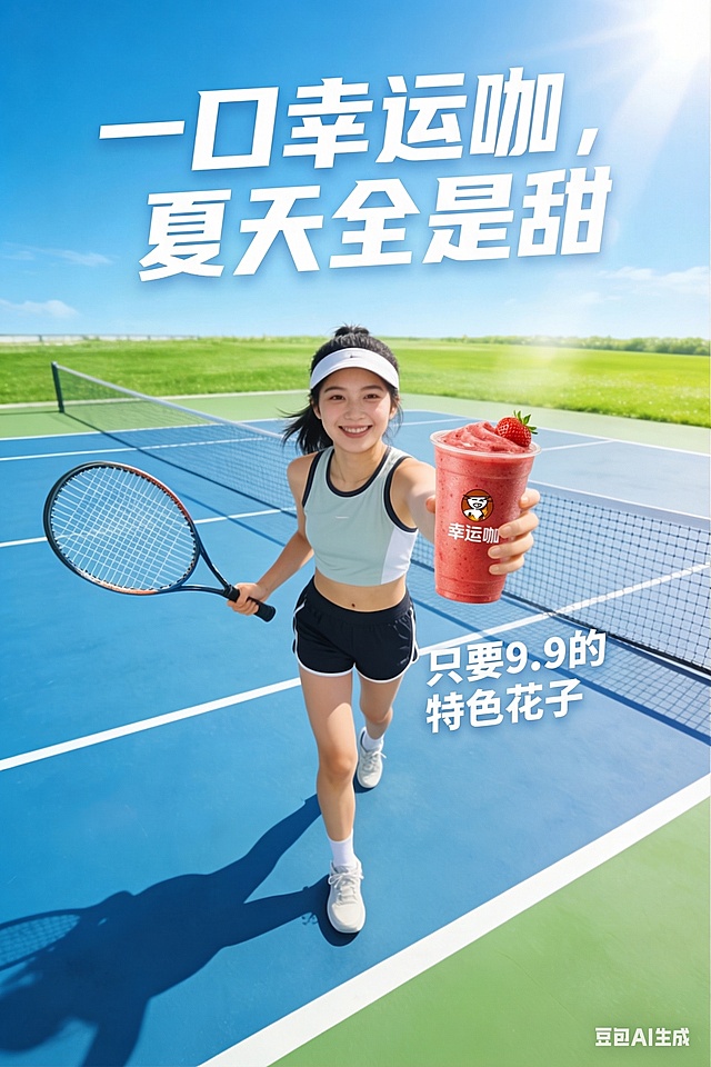 移除这张图片上所有文字，包括顶部的夏日运动季活力一夏和右下角的文字；将女生手中的黄色饮料替换为第一张图中幸运咖品牌的红色冰沙饮料；在图片顶部添加设计感的宣传标语“一口幸运咖，夏天全是甜”；在女生身体旁边添加文字标注“只要9.9的特色花子”，保持整体风格为夏日运动饮品宣传海报，自然协调。