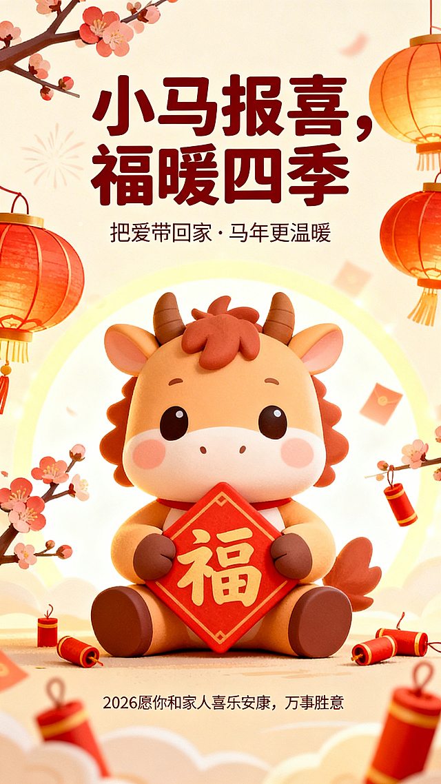软3D风卡通小马手持“福”字，融合国潮元素与粘土质感，喜庆温馨，传递马年新春祝福。