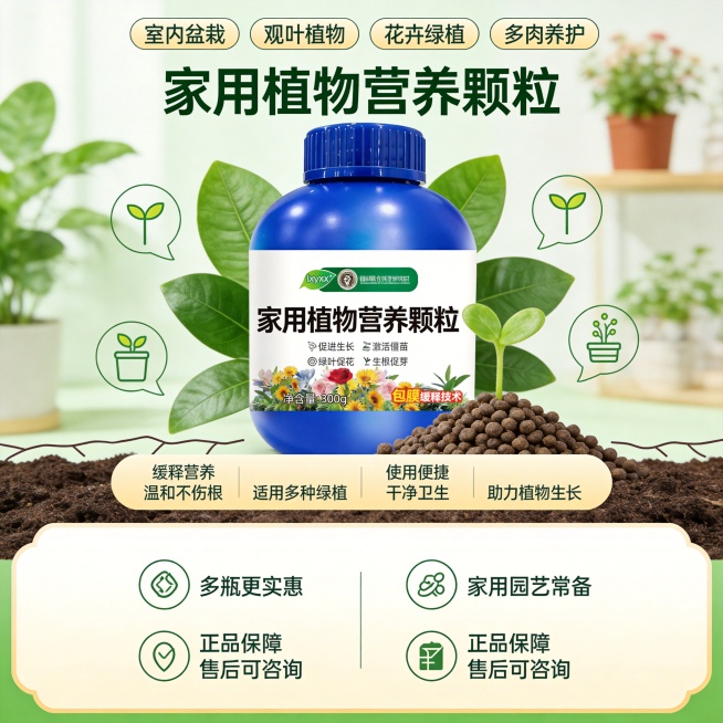 设计类型：电商正方形主图（800×800px），产品展示 + 卖点突出型
设计风格：清新自然、简约绿植风、干净专业
主体：植物营养颗粒产品瓶 / 袋、颗粒实物特写
装饰元素：绿叶元素、嫩芽图案、颗粒质预览效果