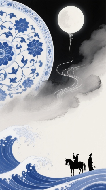 中国风东方美学插画，融合传统青花瓷与水墨意境，画面以蓝白黑三色为主色调，呈现高度和谐的色彩搭配。上部左侧有一大片青花瓷器纹样，蓝色花朵与藤蔓繁复而精美，边缘呈现水墨晕染的灰色渐变效果，右侧为浓淡不一的黑色与灰色水墨云雾间，一轮皎洁的青花瓷质感圆月高悬天际，月光如水般向下流淌。下部左侧是青花瓷风格的波浪，蓝色浪花卷起，边缘点缀白色高光如月光洒落，浪花与上部的水墨云雾自然衔接。右下角的留白处，有一……预览效果