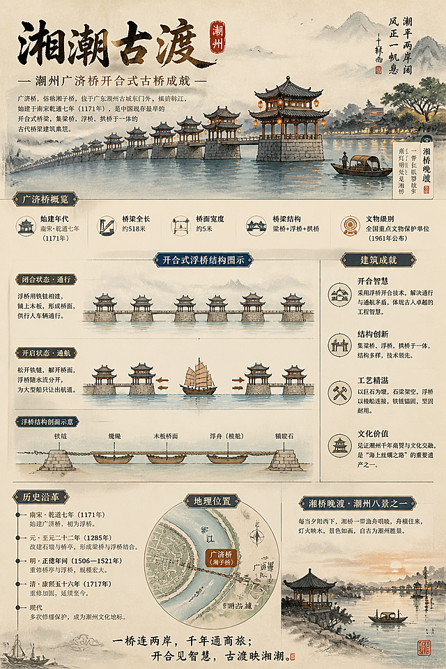 信息可视化图《湘潮古渡:潮州广济桥开合式古桥成就》，新中式水墨国风，国潮复古风格，淡雅复古的东方美学，展示中国古代开合式石桥的建筑成就，搭配广济桥浮桥开合结构图示，融入潮州湘桥晚渡地域特色，清晰展示建筑信息和历史成就