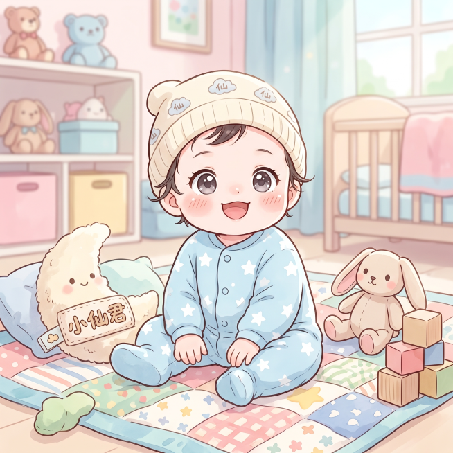 漫画风格，一个年龄6个月-10个月大的婴儿小孩，名字叫做小仙君，整体画面充满童趣可爱，线条柔和，色彩清新预览效果