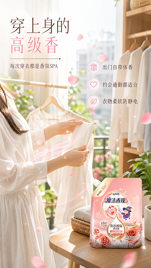 [第5屏] 真人香氛体验-衣物穿着留香场景。本屏使用【图1】产品图置于画面右下角，保持产品外观与原图一致。
[氛围/风格] 温馨生活感，优雅女性氛围，自然光居家场景，真实自然。
[元素布局] 画面主体为一位亚洲女性（仅展示半身/局部，不露出完整面部，聚焦衣物与动作），身穿干净的白色衬衫或连衣裙，正在阳台晾晒衣物或整理衣柜，动作轻柔自然；背景是明亮的北欧风阳台/衣帽间，有晾衣架、绿植、木质衣柜；空气中飘散淡淡的香氛粒子与玫瑰花瓣；产品袋放在右下角的木质台面上，占比约20%。
[光影质感] 自然窗边柔光，从左侧窗户射入，形成柔和的丁达尔效应，衣物有通透质感，整体温暖明亮，生活气息浓厚。
[配色色系] 全局底色 #FAFAFA 暖白自然光感；主色米白与原木色；辅助色产品玫瑰粉 #F48FB1、绿植绿 #A5D6A7；点缀色金色阳光 #FFE082。
[视角构图] 中景人物场景构图，人物动作是视觉中心，阅读动线人物场景 → 香氛氛围 → 右下角产品。
[文字版式] 左上区域标题：主标题「穿上身的高级香」，副标题「每次穿衣都是香氛SPA」；右侧配3条短文案「出门自带体香」「约会通勤都适合」「衣物柔软防静电」；字体为优雅细黑体，字色深棕与玫瑰粉，排版轻盈不遮挡人物。
[比例分辨率] 9:16 竖版比例，4K分辨率，文字清晰可辨，高清画质。
[负向提示词] 人物面部清晰，低俗暴露，产品变形，水印，文字错乱，夸张表情，颜色偏差。