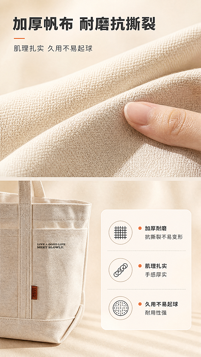 [商品] 使用【图1】米杏色加厚帆布托特包；商品处理：保留帆布材质、米杏颜色、包身结构与缝线；重点放大面料区域，增强帆布织纹肌理、纱线细节和厚实感，不改变材质属性。
[画面] 目标为面料材质页，突出加厚耐磨帆布质感；上半部分为面料微距特写（占画面约45%），一只女性手指轻触帆布表面展现厚度与肌理；下半部分左侧放包的局部侧面（展示包身挺括度），右侧放文字信息卡；背景为暖米色渐变+柔和光影，整体突出材质触感。
[视觉] 套系策略：风格=简约清新日系商业摄影；标题字=现代无衬线粗体（思源黑体Heavy）；正文字=简洁无衬线体（思源黑体Regular）；主色=米杏色（暖米白）；背景延展=基于米杏色做深浅层级、同色渐变和细腻织物/纸张质感；强调色=暖橙色，仅用于小面积图标、引线和标签点缀；标题色=深炭灰（偏暖）；正文色=中暖灰；组件=圆角浅底信息卡、细线图标、短横线装饰；光影=左前侧暖柔光，突出面料纹理立体感。
[文字] 顶部主标题"加厚帆布 耐磨抗撕裂"，副标题"肌理扎实 久用不易起球"；右下角圆角信息卡内列3个材质卖点：「加厚耐磨 抗撕裂不易变形」「肌理扎实 手感厚实」「久用不易起球 耐用性强」；配面料纹理小图标；文字全部横排，清晰可读。
[规格] 图片比例9:16竖版，4K，避免变形、错字、文字过小、冷蓝/蓝灰背景、材质失真、绝对化用语。