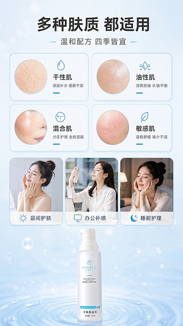 [商品] 使用【图2】伊诗佰俪平衡肌底水；保留白色磨砂瓶身、白色按压泵头、蓝色YISHIBAILI伊诗佰俪Logo、底部蓝色平衡肌底水标签；产品置于画面底部中央，占画面约20%。
[画面] 目标：适用肤质与场景展示。上半部分为4格肤质卡片2×2排列，每格一个圆形肤质示意+文字说明；下半部分为3个场景小图横排，分别是晨间护肤、办公室补喷、睡前护理场景。产品位于最底部中央。背景为浅冰蓝渐变，有细腻水光质感。
[视觉] 套系策略：风格=清透水润高级商业摄影风；标题字=现代简约无衬线粗体；正文字=简洁无衬线体；主色=浅冰蓝；背景延展=基于浅冰蓝做上下渐变、细腻水光纹理、光斑点缀；强调色=清透蓝，仅用于卡片边框、图标、分割线；标题色=深炭灰黑；正文色=中灰蓝；组件=圆角卡片、圆形肤质示意图、场景小图框；光影=均匀柔光，整体明亮干净。
[文字] 顶部主标题"多种肤质 都适用"，副标题"温和配方 四季皆宜"；4格肤质卡片：左上"干性肌"配小字"深层补水 缓解干燥"，右上"油性肌"配小字"清爽控油 水油平衡"，左下"混合肌"配小字"分区护理 全脸适配"，右下"敏感肌"配小字"温和舒缓 减少不适"；下方3个场景标签："晨间护肤"、"办公补喷"、"睡前护理"；文字均为横排。
[规格] 图片比例9:16竖版，4K，避免变形、错字、文字过小、医疗功效表述、治疗承诺、肤质示意过于夸张。