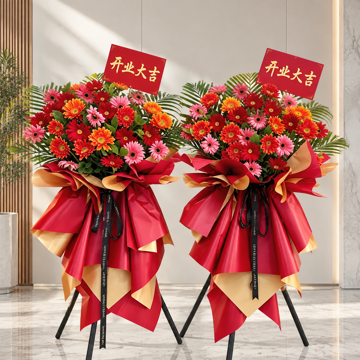 保留图1花篮的花材和整体结构完全不变，将花篮的包装纸替换为图2… - 图片创意预览