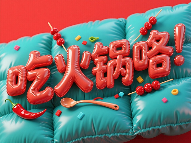 喜庆红蓝撞色，3D充气字体搭配波普艺术元素，卡通感十足的火锅主题设计，重拟物风格营造趣味感，节日氛围满满。