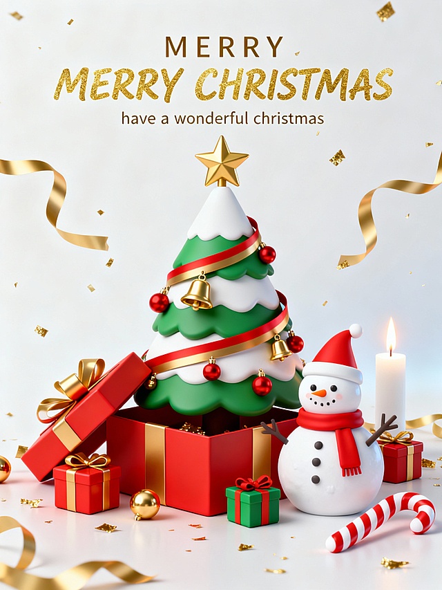软3D风圣诞场景，粘土质感搭配鎏金元素，卡通雪人与圣诞树萌趣十足，喜庆氛围浓厚，节日祝福跃然纸上。