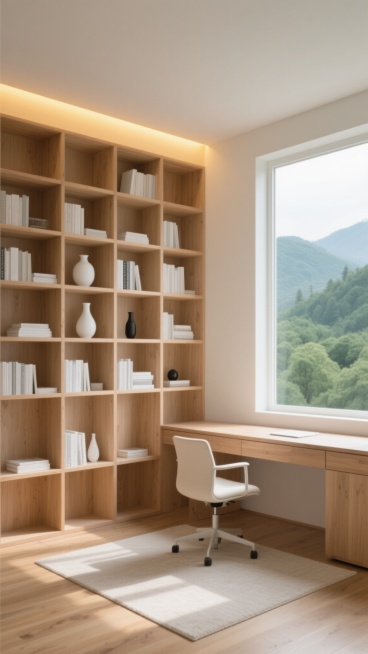 极简主义风格的书房背景，以浅木色为主色调，搭配米白色和原木色的和谐色彩，柔和的自然光从右侧大窗户洒入，窗外可见绿色山林远景，室内光线明亮温暖，带有细腻的阴影和高光表现，整体呈现简洁、宁静、通透的氛围。房间左侧是顶天立地的浅木色开放式书架，书架格子内整齐摆放着白色和浅灰色的书籍、白色陶瓷花瓶、黑色小摆件等，书架顶部有嵌入式暖黄色灯带提供柔和照明。书架前是一张浅木色书桌，桌面简洁，配有米白色的现代……预览效果