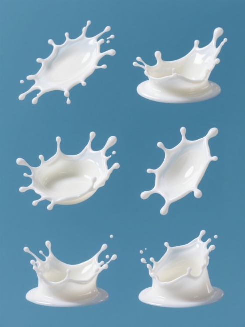 一组六款完全不同造型与角度的牛奶飞溅瞬间特写，保持高光泽度液态质感与清晰飞溅细节，统一采用纯色背景，整体变换为柔和的淡蓝色调，各飞溅形态在白色背景上呈规整排布，保留牛奶流动的动态张力与边缘的细腻高光，形成系列化设计素材集合，无文字及二维码元素。预览效果