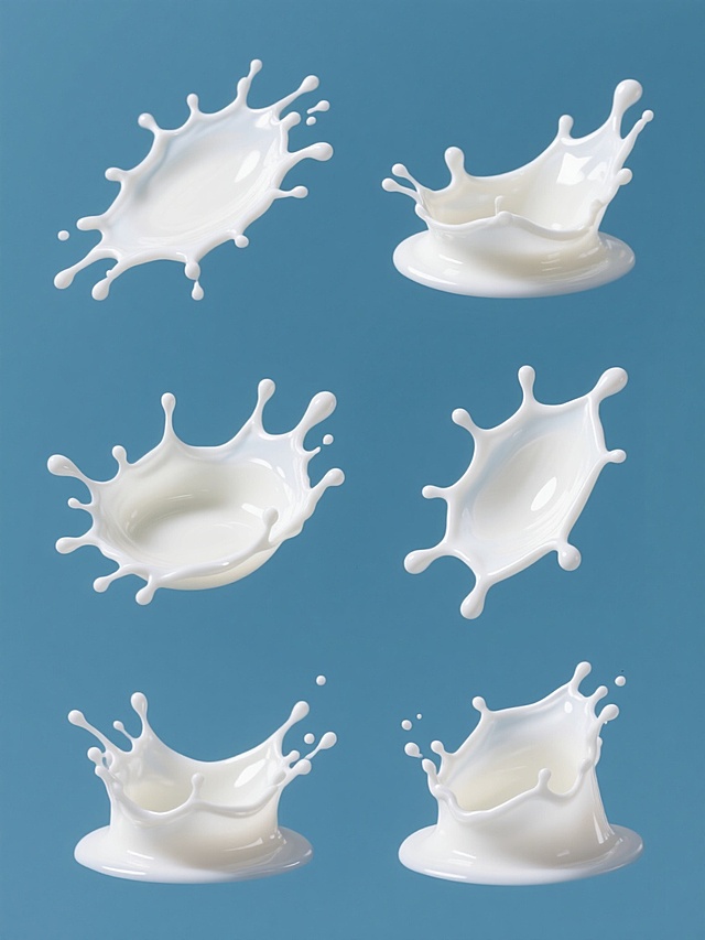 一组六款完全不同造型与角度的牛奶飞溅瞬间特写，保持高光泽度液态质感与清晰飞溅细节，统一采用纯色背景，整体变换为柔和的淡蓝色调，各飞溅形态在白色背景上呈规整排布，保留牛奶流动的动态张力与边缘的细腻高光，形成系列化设计素材集合，无文字及二维码元素。