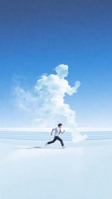 将图中跑步的真人换成一位正在跑步的男高中生，保持原图其余元素和构图不变：云朵构成的跑步人形轮廓、蓝天浅蓝地面背景预览效果