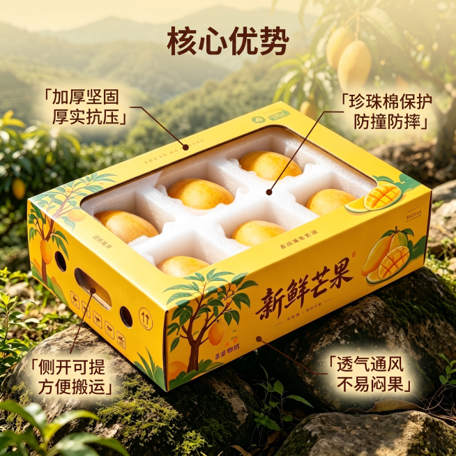 [主图 2] 展示芒果礼盒结构特点与核心优势。
[氛围风格] 温馨舒适家居治愈风，自然清新氛围；
[画质] 商业摄影质感、光线柔和通透、产品清晰真实、画面干净高级。
[元素] 芒果礼盒侧开设计特写，展预览效果