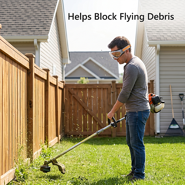 Create a realistic TikTok Shop US product card image showing a homeowner trimming grass and weeds along a backyard fence while wearing reference's clear protective safety goggles. Do not change the product shape, color, material, lens structure, strap color, foam padding, or core appearance. Keep the clear goggles, gray-orange elastic strap, and black foam padding exactly consistent with the reference product. Small grass clippings and tiny debris are flying in the air. The goggles are the main focus and clearly protect the eyes from dust and flying grass particles. Use bright natural backyard lighting, clean lawn, garden tools, and an American suburban home background. Add minimal English text: "Helps Block Flying Debris". Style: realistic lifestyle photography, TikTok Shop US product card, bright and clean. Size: 1:1 square, 800x800px. Negative: no Chinese text, no watermark, no logo, no dangerous action close-up, no industrial background, no construction site.