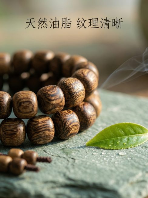 基于原图，生成第三张沉香手链油脂细节特写主图，保持产品纹理不变，延续ins高级小众国风清雅春日风格。微距特写沉香木珠的天然油脂纹理，放置在浅青石板上，旁边点缀一片带水珠的新鲜茶叶，柔和侧光突出木质纹理预览效果