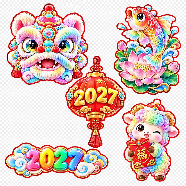 参考图中的5个春节装饰元素风格，生成一套全新设计的2027羊年春节装饰元素（与之前所有版本都不同，完全重新设计造型），包含：1. 醒狮头（国潮3D卡通风格，毛绒质感，马卡龙渐变配色，红边描边，全新的面部造型、头饰装饰和五官设计）；2. 锦鲤配荷花（彩色锦鲤，荷花荷叶底座，红边描边，锦鲤呈跃起姿态，搭配盛开的荷花，替换原扇子元素）；3. 2027灯笼造型牌（灯笼形状红色底，金色立体2027数字，红边描边，顶部有挂绳，底部有流苏，替换原弧形牌匾）；4. 2027云朵装饰字（左右两侧祥云装饰，彩虹渐变2027数字，可爱卡通风格，云朵造型圆润，替换原花朵装饰）；5. 抱红包的彩虹小羊（彩虹渐变羊毛，抱着红色福字红包，站姿可爱，红边描边，小羊戴小帽子，表情俏皮，替换原抱元宝坐姿）。所有元素保持统一的3D卡通国潮膨胀风，色彩鲜艳饱满，边缘有红色描边，透明背景，元素独立清晰，每个元素都有全新的造型设计，与参考图和之前生成的版本都有明显区别。