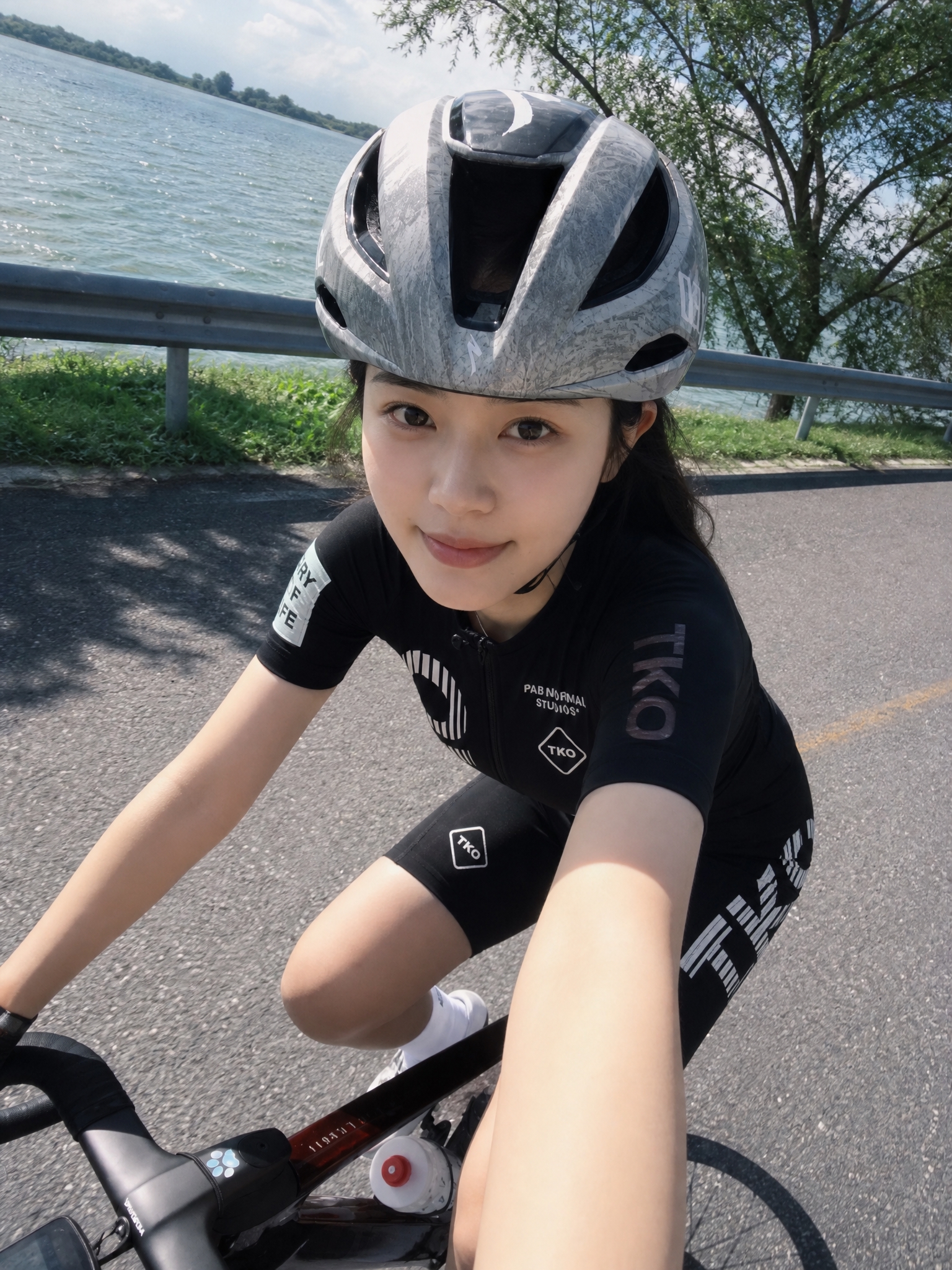 参考第一张图的骑行自拍姿势、湖边公路场景和头盔，去掉骑行眼镜，… - 图片创意预览