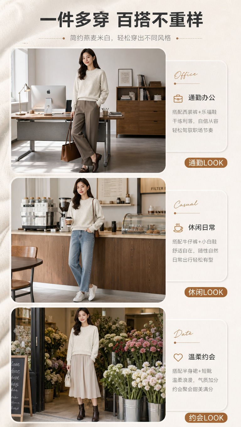 [商品] 使用【图1】燕麦米白色假两件圆领针织毛衣；商品处理：… - 图片创意预览