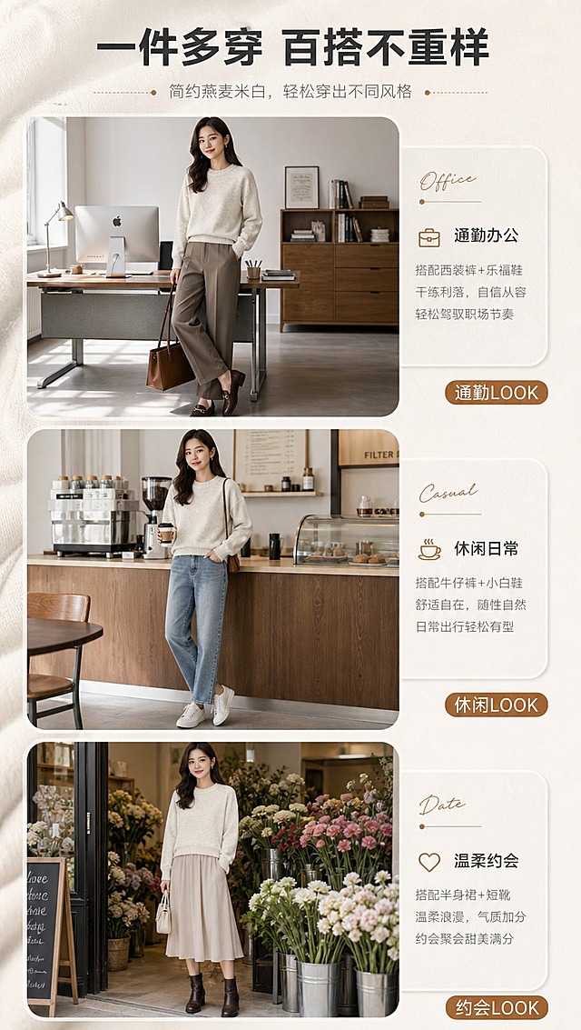 [商品] 使用【图1】燕麦米白色假两件圆领针织毛衣；商品处理：保留圆领、假两件双层领口、落肩袖、罗纹下摆与袖口、整体宽松版型、燕麦米白颜色和针织面料；自然去除衣身杂乱褶皱，理顺垂坠，增强针织纹理、缝线和罗纹收口质感，不改变版型、颜色和结构。
[画面] 目标为搭配灵感页，展示一衣多穿的通勤/休闲/约会三套造型；竖版构图，三格竖向排列，每格为同一亚洲女模特穿着同款毛衣搭配不同下装和场景：上格通勤风配西装裤+乐福鞋在办公室，中格休闲风配牛仔裤+小白鞋在咖啡馆，下格温柔风配半身裙+短靴在花店；每套造型配小标签。
[视觉] 套系策略：风格=韩系轻熟通勤高级商业摄影；标题字=现代简约无衬线粗体；正文字=纤细无衬线体；主色=燕麦米白；背景延展=基于燕麦米白做深浅层级、同色渐变和细腻织物/哑光纸张质感；强调色=焦糖棕，仅用于小面积图标、引线和标签；标题色=深炭灰；正文色=中暖灰；组件=圆角浅底信息卡、细线引线、手写英文小标签；光影=左前侧暖柔自然光，柔和阴影。
[文字] 顶部主标题「一件多穿 百搭不重样」，每格右下角配小标签：通勤LOOK / 休闲LOOK / 约会LOOK；文字不遮挡毛衣主体。
[规格] 图片比例9:16竖版，4K分辨率，淘宝/天猫详情页风格，中文文案；避免变形、错字、文字过小、冷蓝背景、毛衣颜色改变、版型失真、极限词。