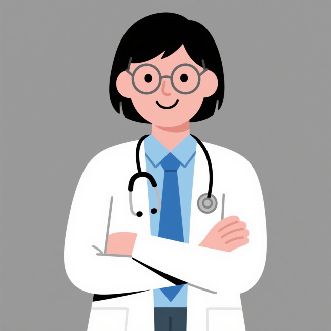 扁平风格卡通医生插画，戴着圆形眼镜，黑色短发，面带微笑，穿着白色医生大褂，内搭蓝色衬衫和领带，脖子上挂着听诊器，双臂交叉在胸前，整体采用简洁明快的线条，色彩鲜明柔和，无背景，形象亲切专业。预览效果