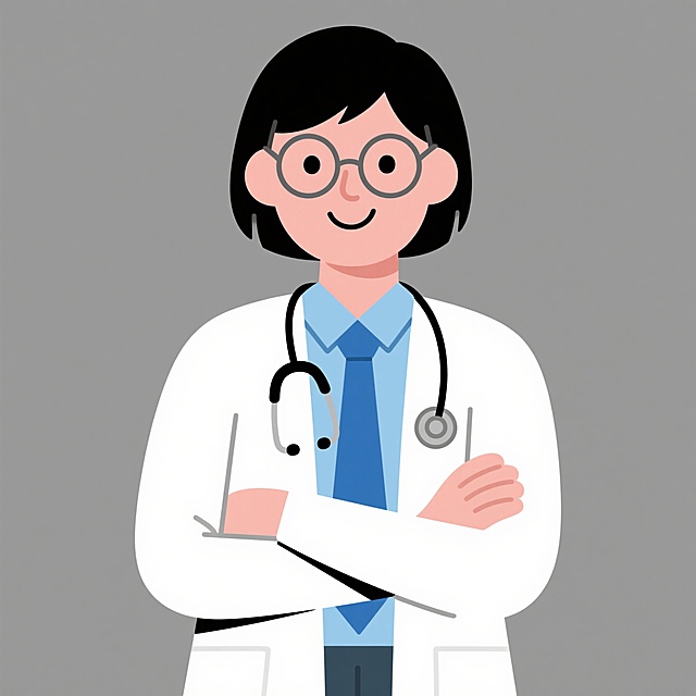 扁平风格卡通医生插画，戴着圆形眼镜，黑色短发，面带微笑，穿着白色医生大褂，内搭蓝色衬衫和领带，脖子上挂着听诊器，双臂交叉在胸前，整体采用简洁明快的线条，色彩鲜明柔和，无背景，形象亲切专业。