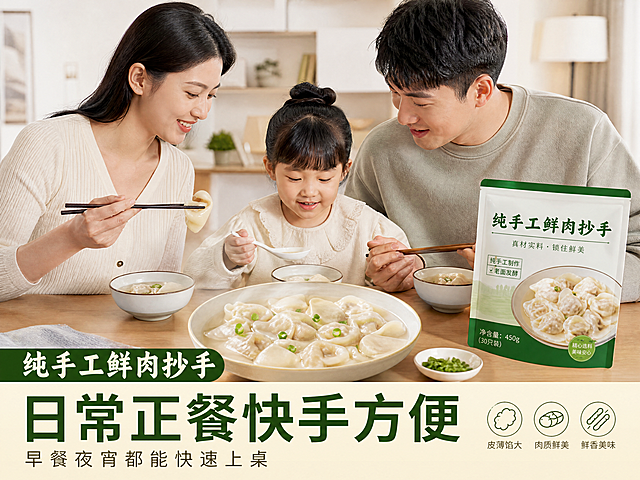 [第7屏] 纯手工鲜肉抄手日常食用场景展示，标题日常正餐快手方便。画面展示家庭餐桌场景，一家三口一起享用抄手，餐桌中间摆着大盘抄手，旁边摆放产品包装袋，浅色温馨家居背景，底部标注早餐夜宵都能快速上桌，温馨自然生活场景摄影，4:3比例，4K分辨率，负向提示词：人物变形产品变形文字错乱水印