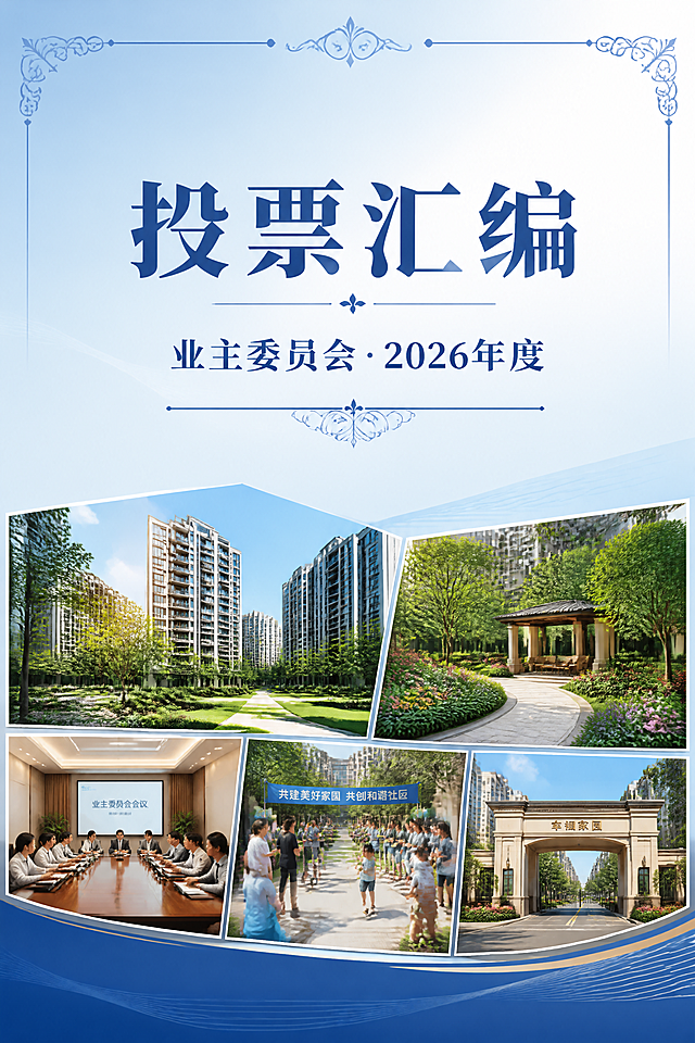 书籍封面设计，竖版A4比例。封面上方和中部为浅蓝色渐变背景，顶部有装饰性线条和花纹。中间偏上位置有大号深蓝色庄重字体主标题"投票汇编"，字体大气醒目。主标题下方有副标题"业主委员会·2026年度"，再下方有装饰性花纹分隔线。封面最底部区域放置约5张图片拼接的照片墙，图片包括现代住宅小区建筑、社区花园景观、会议室场景、社区活动场景、小区入口等，以错落几何方式排列，每张图片有白色细边框，图片拼接组占据底部约三分之一区域。整体风格正式庄重，蓝白主色调，高端大气，画面丰富饱满，排版精美