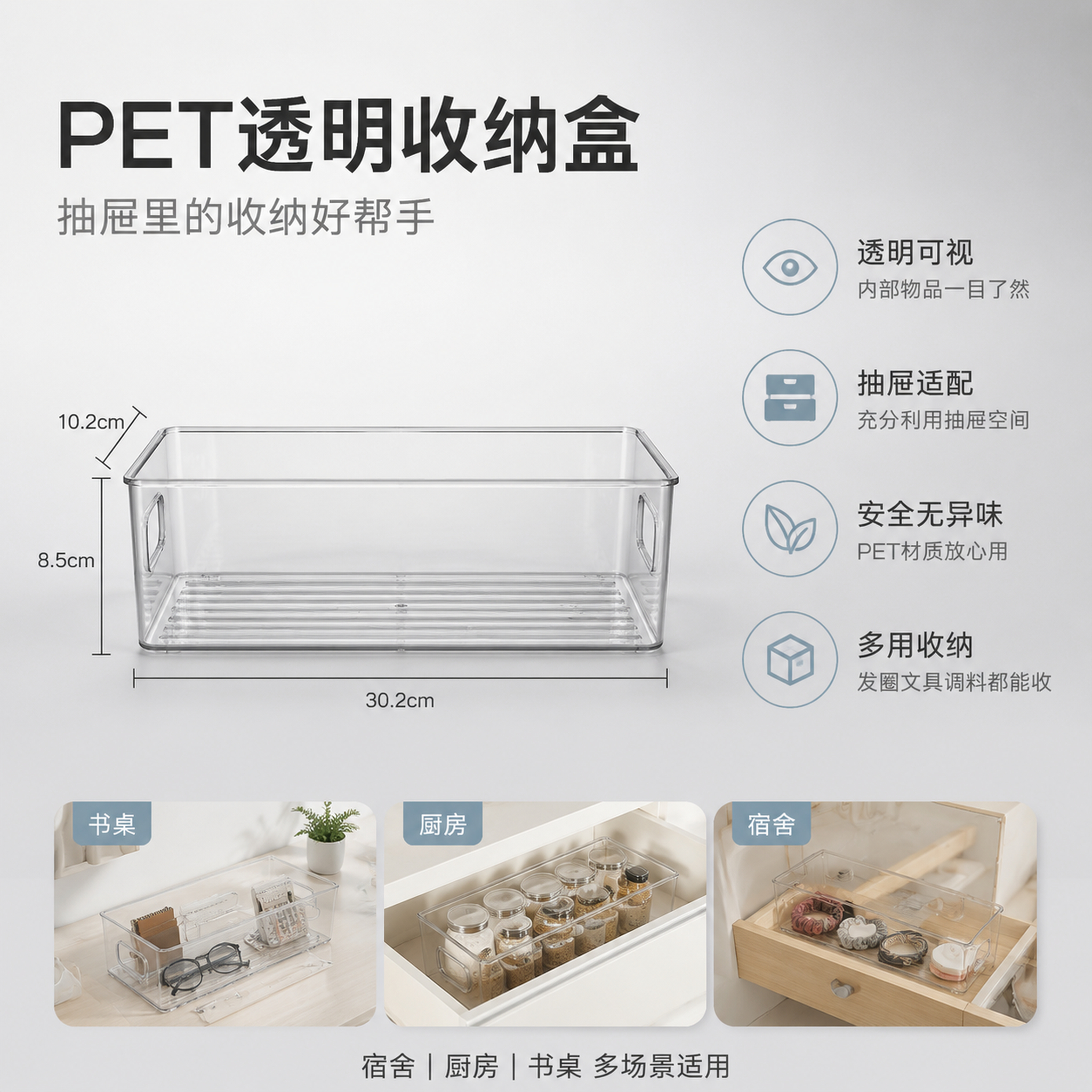 [主图-5] PET透明收纳盒尺寸规格与使用场景总结图。 [氛… - 图片创意预览
