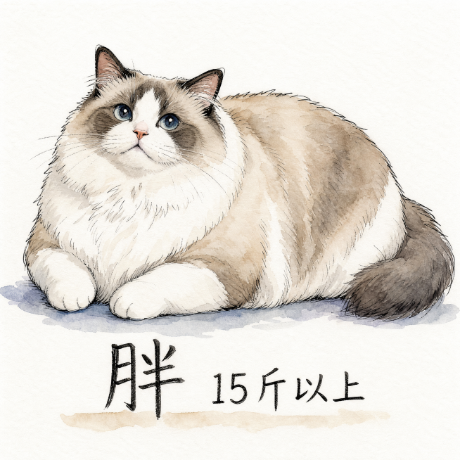 钢笔淡彩 针管笔淡彩风格绘画，布偶猫，猫咪肥胖体态，下方配字"胖 15斤以上"预览效果