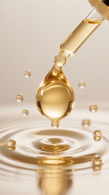 高清微距摄影，金色透明精华液，一大滴饱满的精华液正从细管滴落，表面光滑圆润，内部折射出璀璨光泽，周围悬浮着多个大小不一的小气泡，底部液体表面形成层层涟漪，涟漪中心和边缘分布着几颗晶莹的气泡，整体呈现出奢华、纯净、水润的质感，光线从上方柔和照射，在液体表面形成明亮高光和细腻反光，背景为简洁的米白色，突出精华液的通透与光泽，画面充满动态的流动性和精致的细节纹理。预览效果