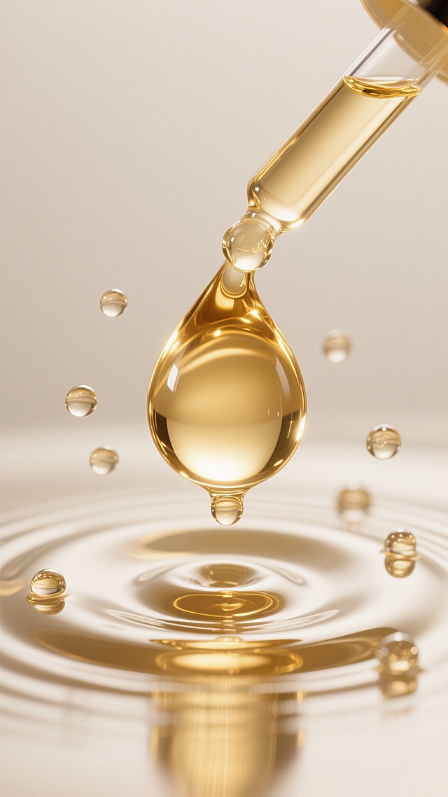 高清微距摄影，金色透明精华液，一大滴饱满的精华液正从细管滴落，表面光滑圆润，内部折射出璀璨光泽，周围悬浮着多个大小不一的小气泡，底部液体表面形成层层涟漪，涟漪中心和边缘分布着几颗晶莹的气泡，整体呈现出奢华、纯净、水润的质感，光线从上方柔和照射，在液体表面形成明亮高光和细腻反光，背景为简洁的米白色，突出精华液的通透与光泽，画面充满动态的流动性和精致的细节纹理。
