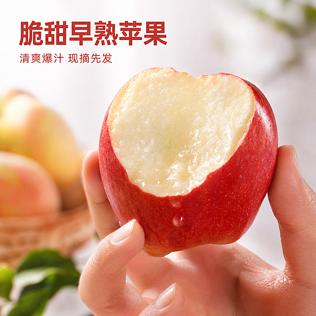 [主图-1] 首图：手持咬过一口的早熟苹果，汁水顺着果肉流出，突出爆汁脆甜食欲感
[氛围风格] 新鲜生活场景，真实原生食欲感
[画质] 商业生鲜摄影质感 光线柔和通透 产品清晰真实 画面干净高级
[元素] 一只手拿着咬过一口的红苹果，汁水正从果肉纹理间缓缓流出，水润光泽明显，背景虚化清新浅白色桌面，保留果柄带少量枝叶点缀 保持苹果外观物理结构 材质质感 颜色与输入产品图绝对一致 杜绝任何变形和色差 精细化处理 商品主体占比严格控制在70%左右 画面满屏无边框
[光影] 自然侧暖逆光 穿透苹果果肉凸显通透水润感，背景柔和虚化 高光不溢出 暗部有层次 整体色调明亮清新
[配色] 主色调苹果天然红粉色，搭配果肉奶白色，背景浅白色衬托，手的肤色自然过渡
[视角构图] 平视中心构图 景深较浅 突出汁水动态瞬间，轮廓完整不裁切
[文字版式] 左上负空间左对齐留安全边距，大字文案写"脆甜早熟苹果"，苹果红粗体无衬线最大字号，辅助短句写"清爽爆汁 现摘先发"，半高字号同色系略浅，文字不遮挡苹果主体
[输出要求] 1:1 比例 文字清晰锐利 超高清商业生鲜摄影质感
[负向提示词] 变形 文字错乱 产品图模糊 背景杂乱 水印 电商平台Logo 变色 腐烂 坏果