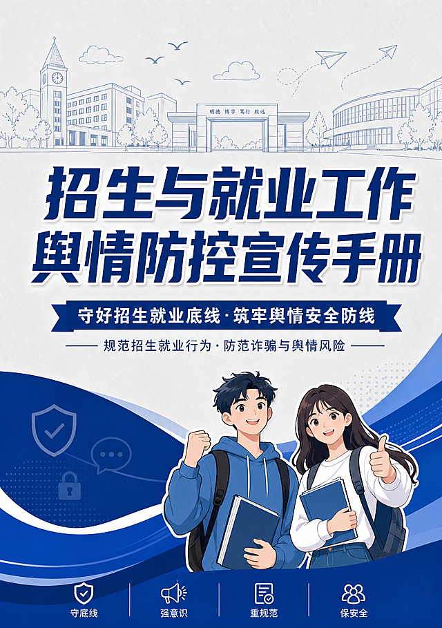 设计招生与就业工作舆情防控宣传手册封面，校园活力风格，主标题大字"招生与就业工作舆情防控宣传手册"，副标题"守好招生就业底线·筑牢舆情安全防线——规范招生就业行为·防范诈骗与舆情风险"，深蓝色主色调，浅灰色背景，顶部加入校园风光简笔画小插图，整体简洁活泼适合学生阅读，分辨率2K