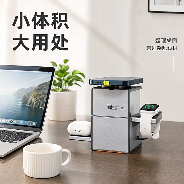 [主图-4] 桌面场景使用体验展示主图。保持原产品外观，物理结构、材质质感、颜色绝对一致，杜绝任何变形和色差，精细化处理。场景为现代简约办公桌面，产品放置在桌面右上角，旁边搭配笔记本电脑、水杯、小型绿植，营造真实使用氛围。产品同时插上手机、耳机、智能手表，展示实际使用状态。左上文案“小体积 大用处”，深色大字，右侧小字“整理桌面 告别杂乱线材”。画面构图舒适，产品自然融入桌面场景，主体突出不拥挤。光影：自然光从左侧射入，柔和通透，桌面呈现真实材质反光，阴影自然。风格：简约高级科技生活化，符合淘宝天猫审美。比例分辨率：1:1 比例，4k 分辨率；文字清晰，超高清。负向提示词：变形，水印，文字错乱，产品图模糊，背景杂乱。